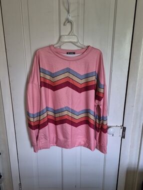 Women’s Pink Chevron Stripe Pullover Sweatshirt by Risen
